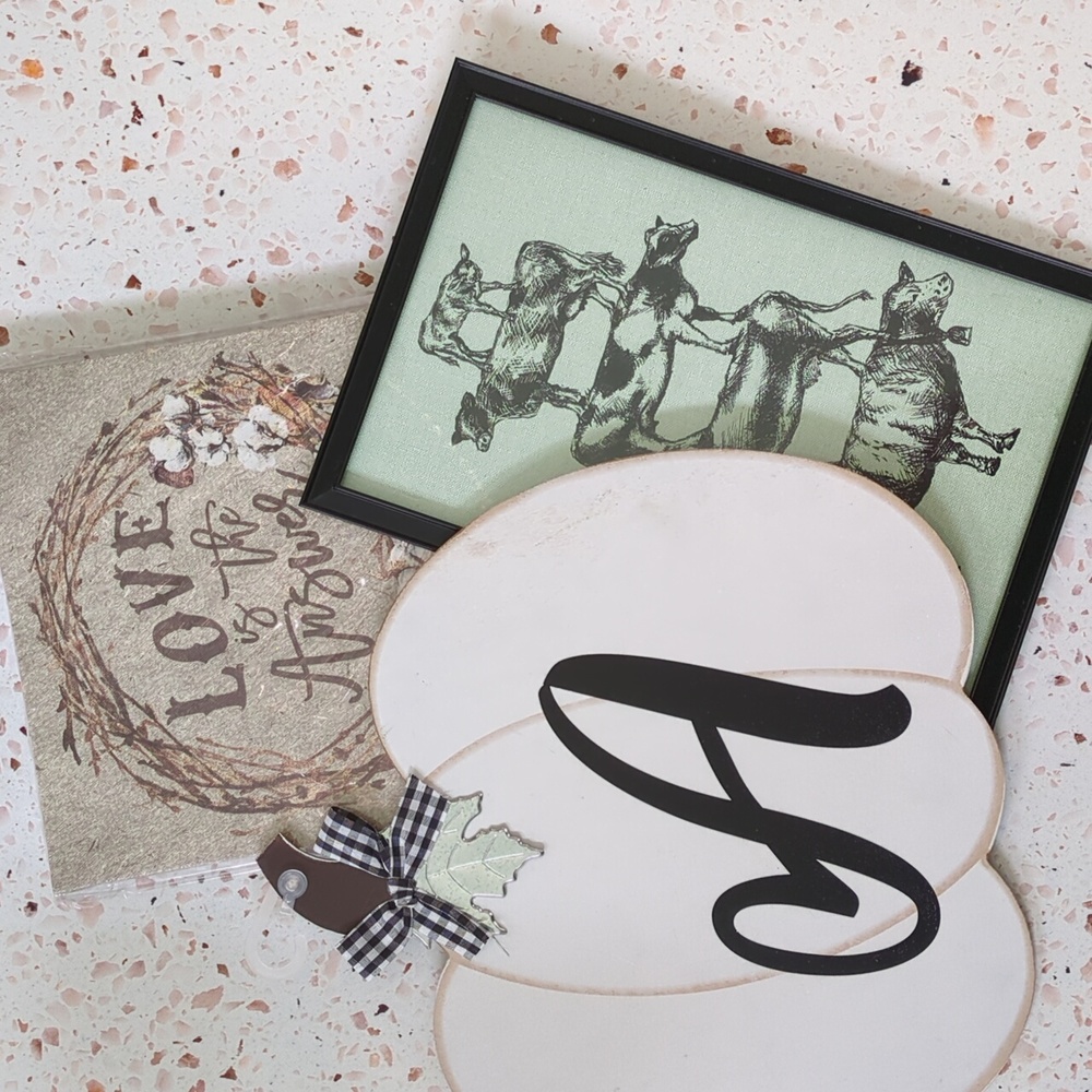 Group of 3 Wall Decor Pieces. Canvas Print. Framed Print. Letter A on Wood Shape